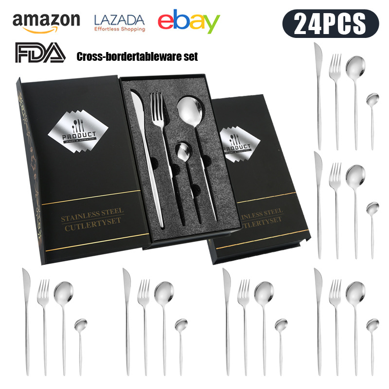 跨境热销葡萄牙不锈钢刀叉24件套餐具套装礼盒装镀钛金色西餐勺子详情13