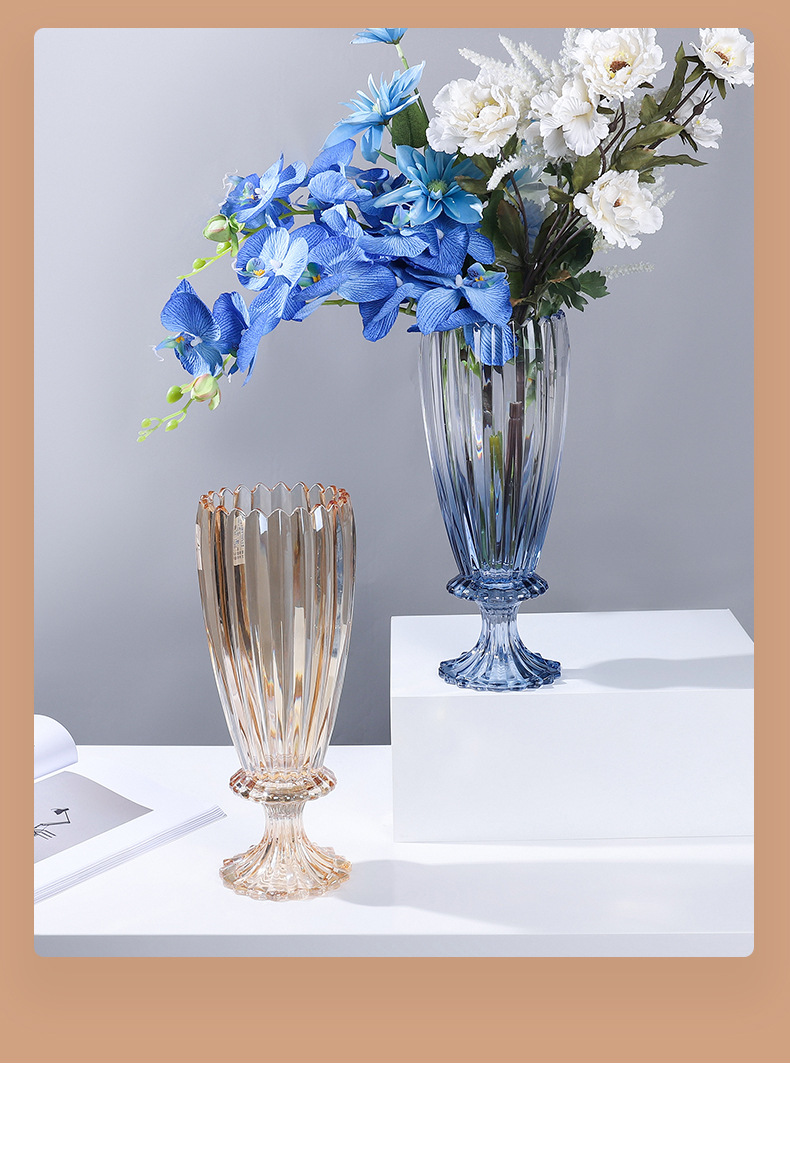 现代ins简约轻奢欧式桌面玻璃花瓶透明高脚客厅百合水培鲜花摆件详情3