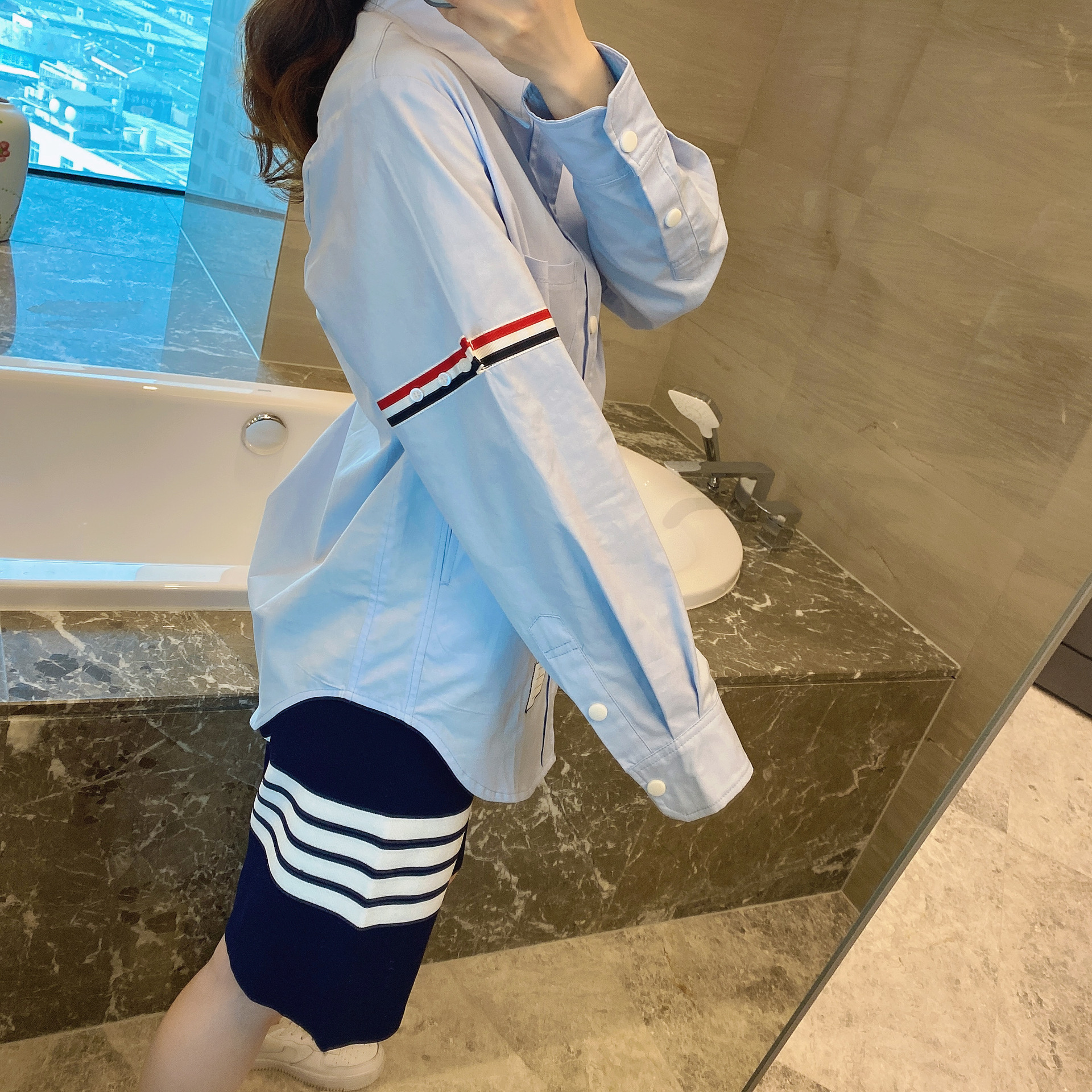 TB casual trendy brand poplin slim-fit solid white shirts for men and women, Oxford fabric shirts for women with long sleeves pic 59