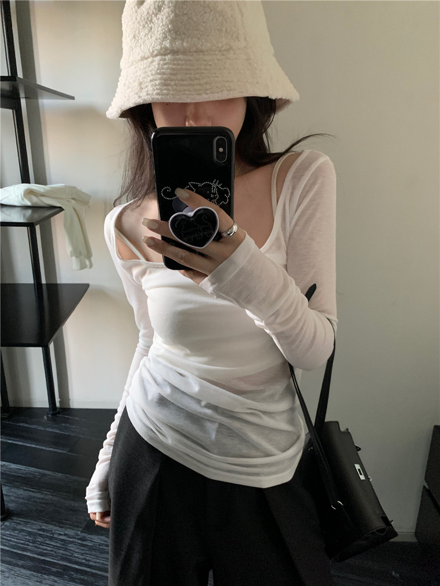 基础款纯色简约百搭舒适慵懒风薄款上衣U领打底衫内搭长袖t恤女详情21