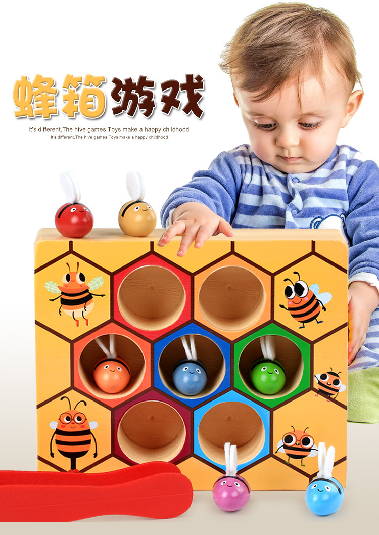 Montessori early education beehive game teaching aid, catch the diligent little bee, color recognition, 0-3 years old parent-child toy pic 1