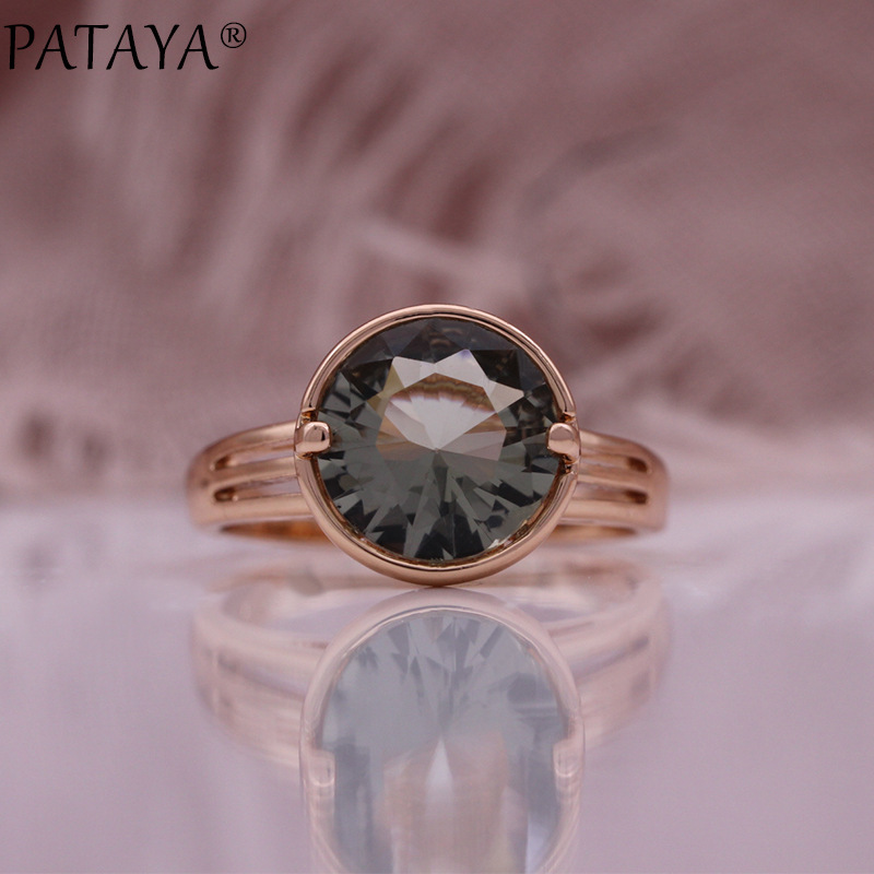 PATAYA茶绿色圆形锆石耳环戒指套装585玫瑰金精美女款时尚首饰详情6