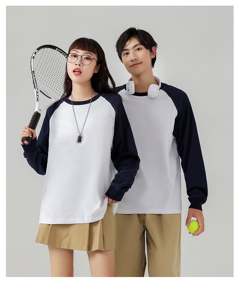 A 250-gram pure cotton off-the-shoulder threaded cuff round-neck long-sleeved T-shirt for women, featuring a loose, color-blocked base layer pic 17