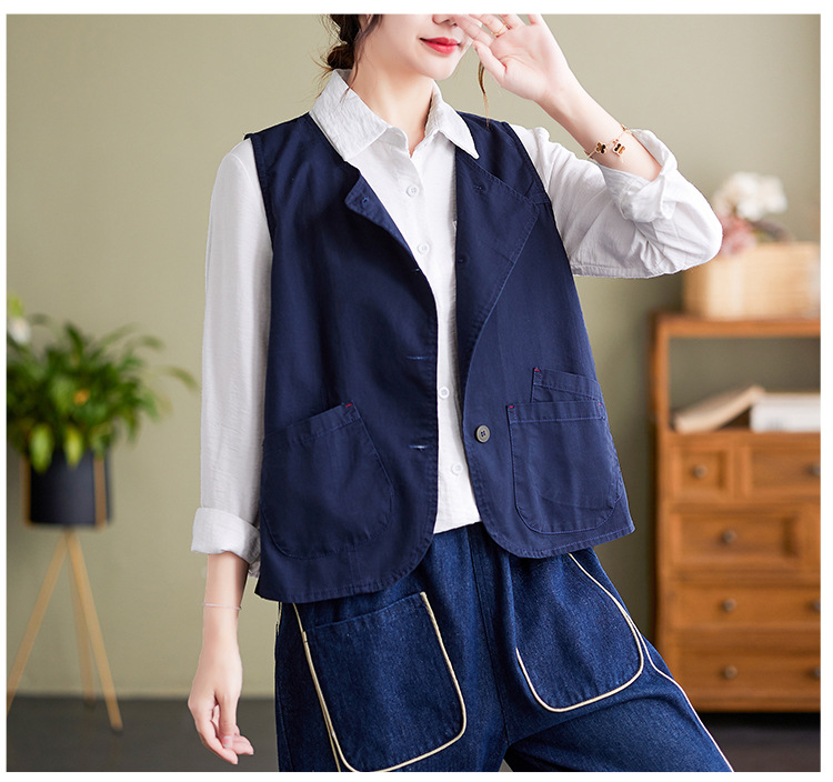 实拍2023年气质百搭小马甲女士春季新品单排扣宽松显瘦无袖马夹详情12