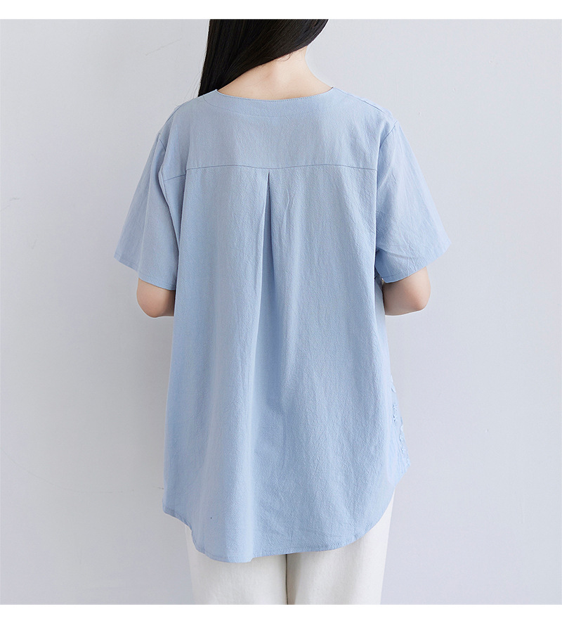 2022夏季新款速卖通欧美女装蕾丝刺绣短袖衬衫宽松女士上衣T恤详情17