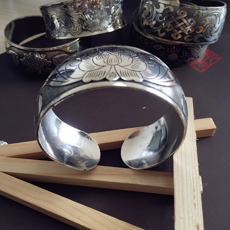 Retro ethnic style silver bracelet, European and American carved wide opening bracelet, fashionable and individual Miao silver aged ancient-style jewelry pic 8