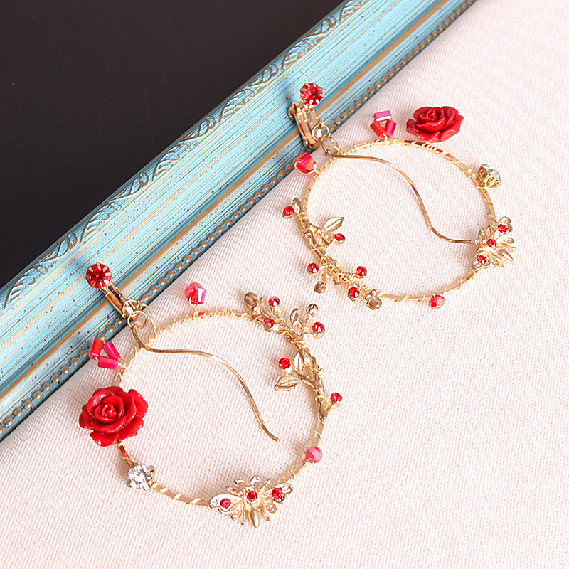 Bride earrings, European and American golden ear clips, round rose earrings without ear holes, wedding festival red crystal earrings pic 2