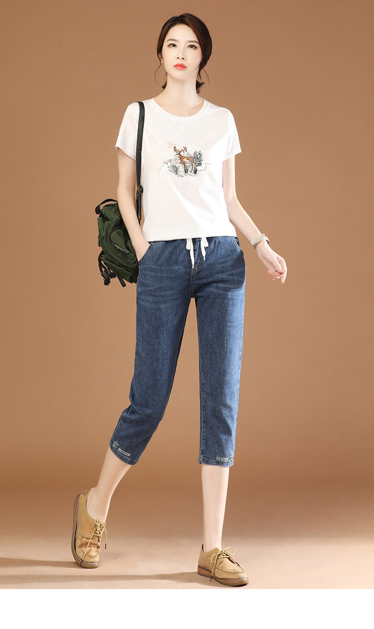 松紧腰休闲七分牛仔裤女2024年夏装新款修身显瘦小脚哈伦裤PT0043详情11