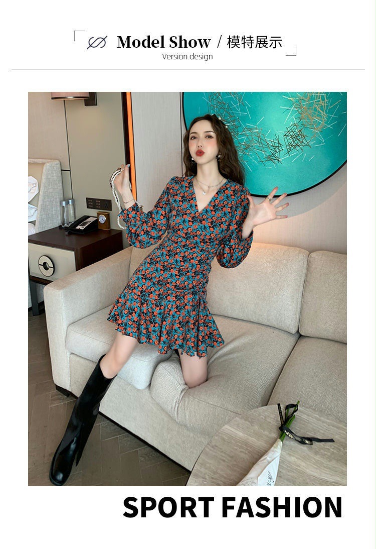 法式碎花V领长袖连衣裙女秋装纯欲风修身性感包臀裙打底辣妹短裙详情8