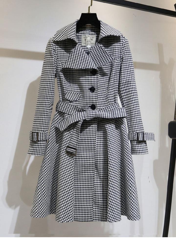 赫本风裙摆风衣收腰千鸟格女式中长款外套大衣年新款详情15
