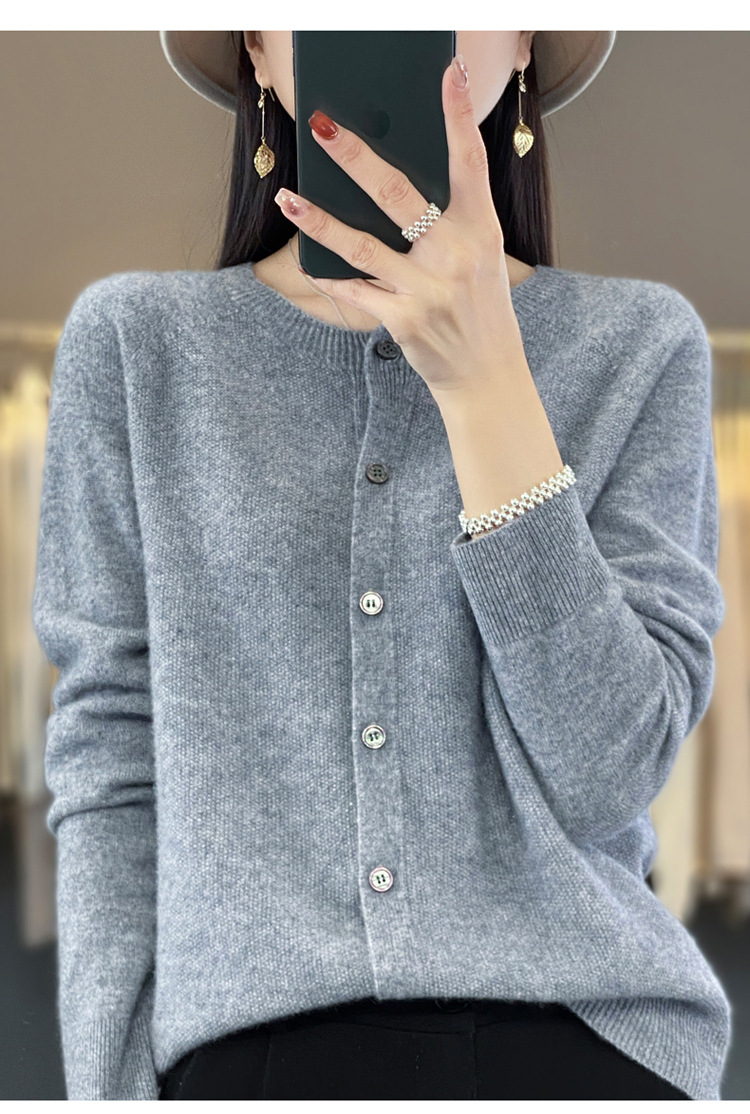 爆款批发秋冬季新款纯羊毛桂花针开衫宽松大码圆领羊毛衫详情32