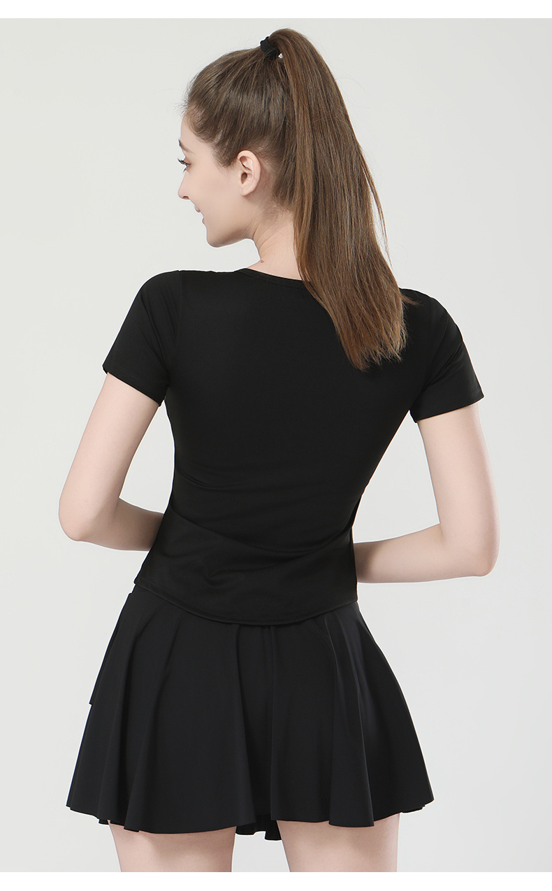 春季新款锦纶瑜伽T恤女带胸垫V领高弹短袖t恤时尚健身瑜伽上衣详情17