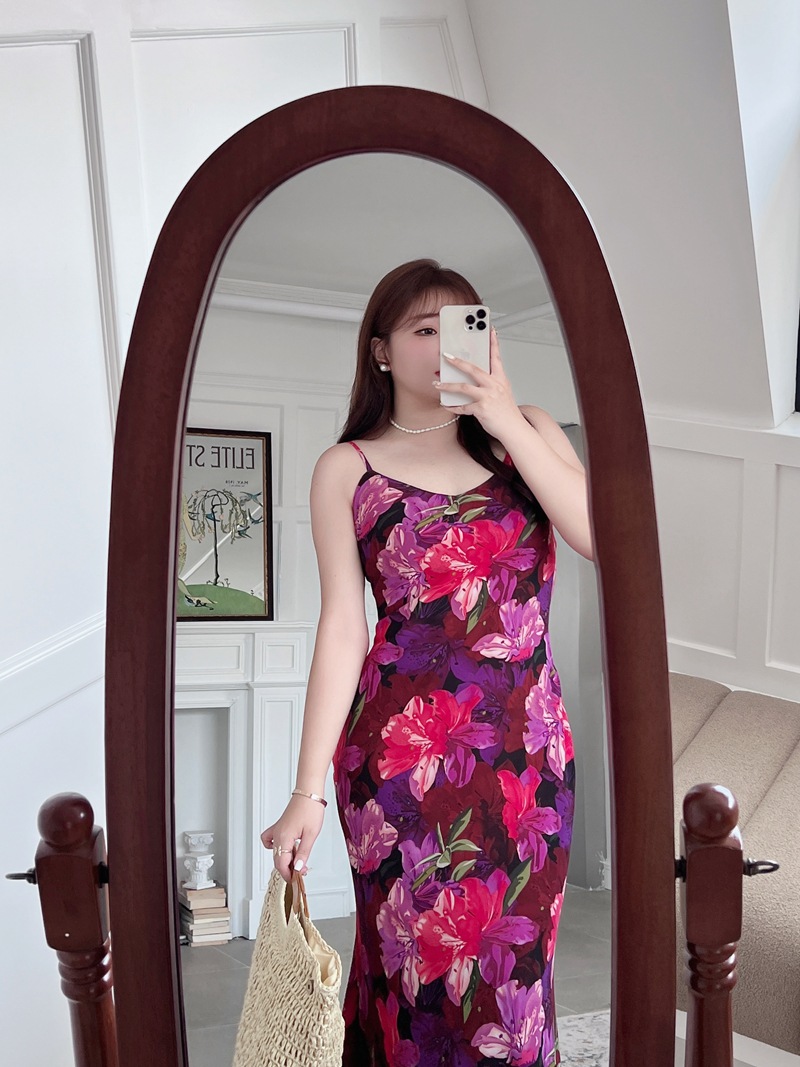 润其N8725法式收腰紫花鱼尾吊带裙批发 大码女装吊带连衣裙详情14