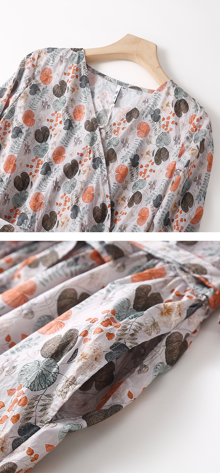 复古森系棉麻小碎花连衣裙女夏季宽松大码显瘦V领高腰大摆长裙子详情8