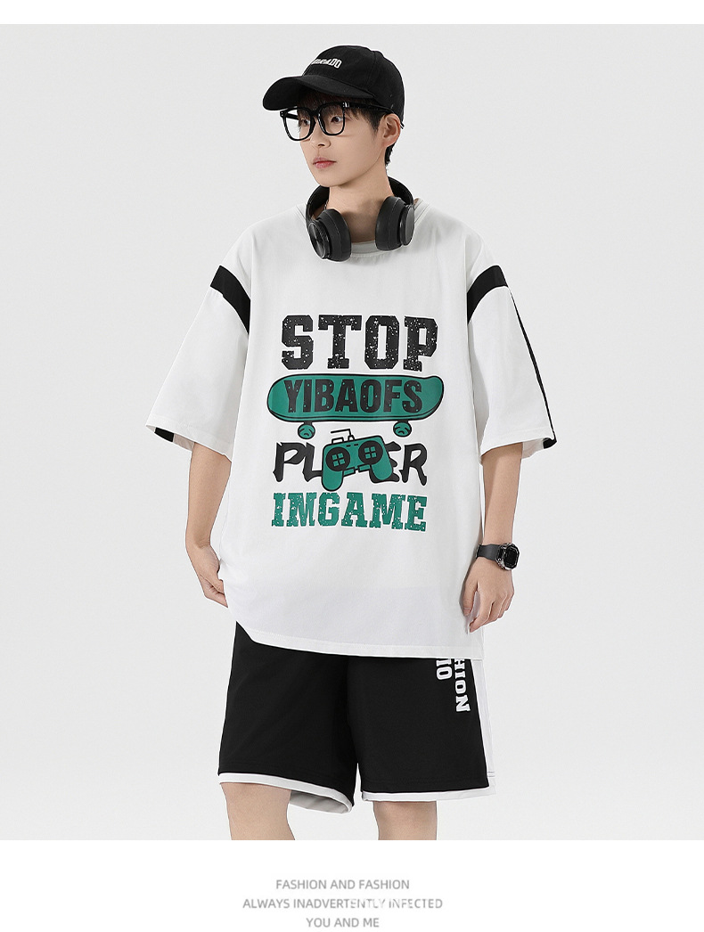 夏季薄款宽松短袖T恤套装批发青少年男初高中生潮流帅气两件套详情15