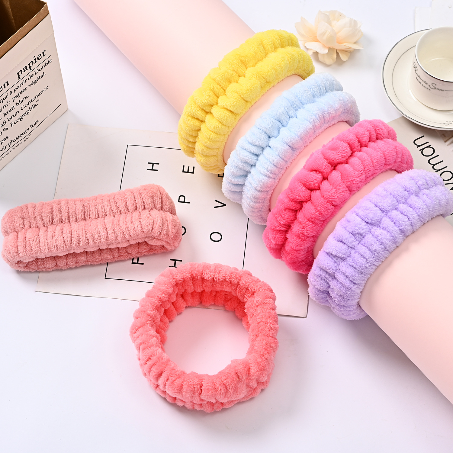 Bow face wash and hair band for girls wholesale solid color white matching makeup simple sweat-wiping wrist band flannel hair band pic 51
