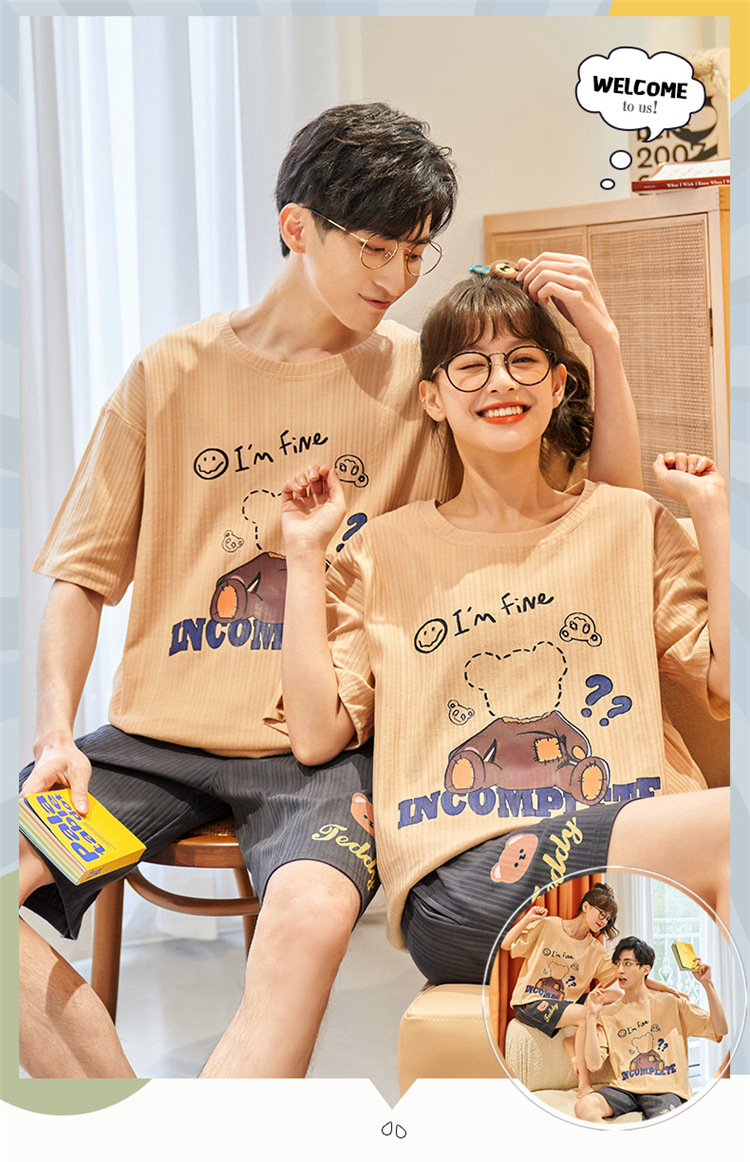 Novedades pareja manga corta pantalones cortos pijamas mujer verano slim algodón peinado hombre traje de hogar suelto casual cartoon pic 66