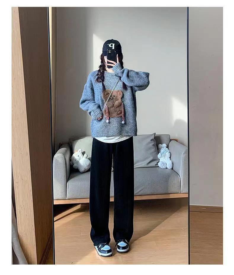 米色雪尼尔阔腿裤女秋冬2022年新款高腰垂感休闲加绒麦穗纹针织裤详情10