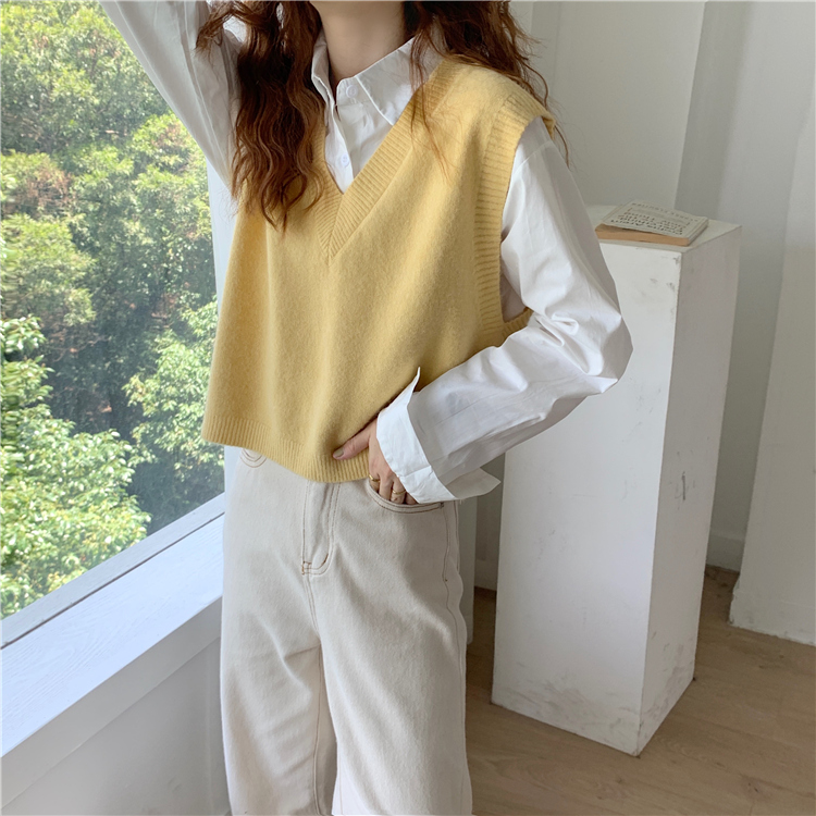 新款春秋女装洋气宽松显瘦V领毛衣外穿鹅黄色针织马甲背心详情35