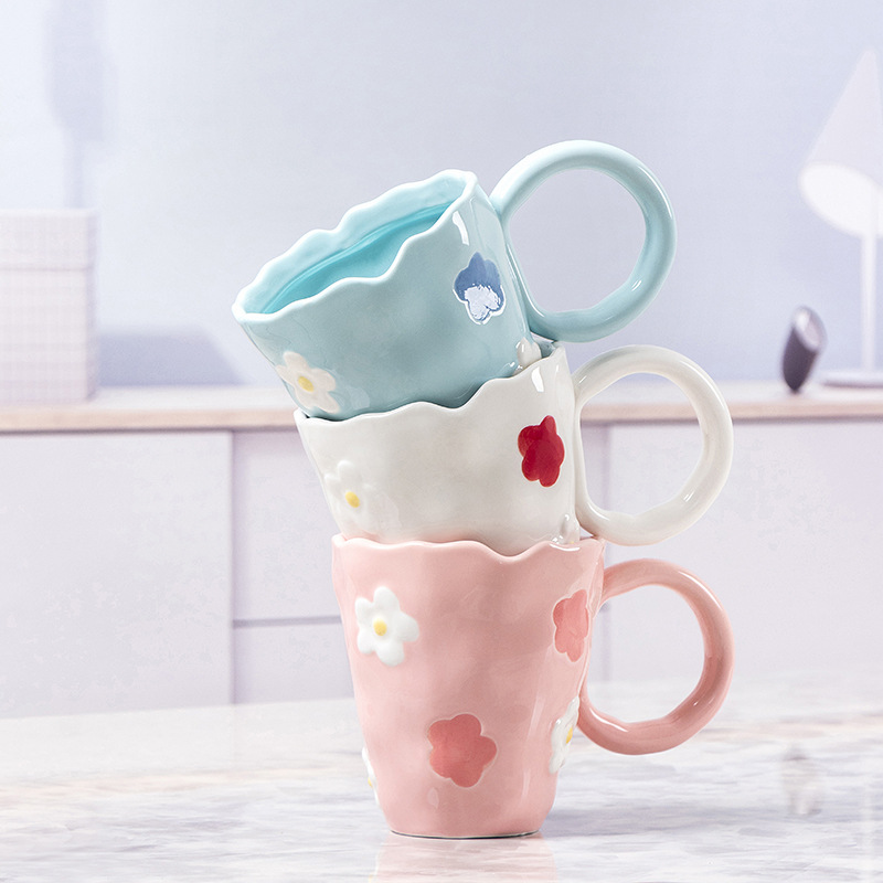Internet-famous ceramic cups, girlish flower mugs, high appearance level drinking cups, breakfast cups, irregular water cups pic 6