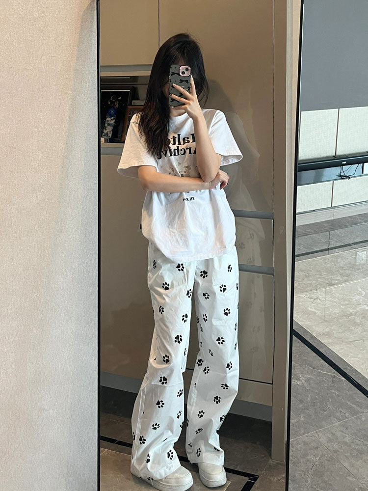 可爱狗脚印白色休闲裤子女夏季2024新款小个子宽松直筒百搭阔腿裤详情5