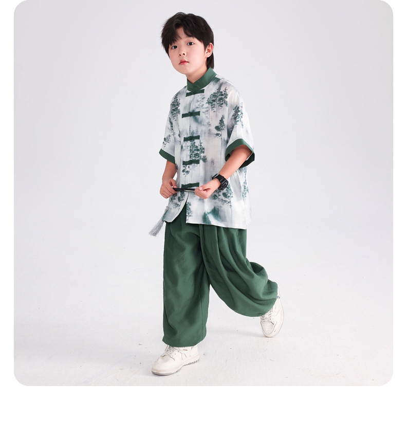 国潮男童夏季日常可穿汉服短袖套装2025新款小学生儿童古装演出服唐装详情11