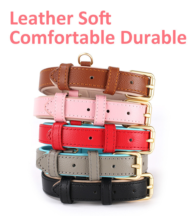 New pet collar with lychee pattern, genuine leather dog collar, diving cotton anti-loop, adjustable cat neck collar, pet collar pic 1
