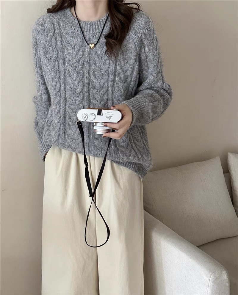 韩系纯色简约慵懒风麻花套头毛衣女秋冬款圆领长袖软糯打底针织衫详情50