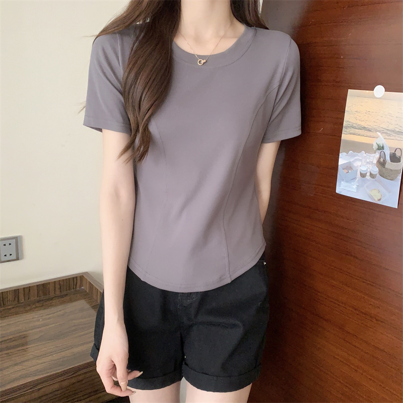夏季新款短袖t恤女装正肩紧身设计感短款纯欲不规则下摆弧形上衣详情8