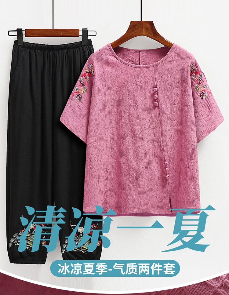 Summer clothing sets for middle-aged and elderly people, cotton and linen, short-sleeved for grandmothers and mothers, summer pure cotton T-shirts, clothes for the elderly and grandmothers pic 2