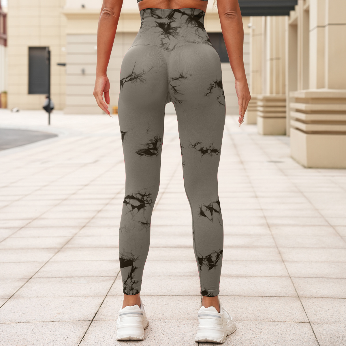 新品无缝扎染瑜伽裤高腰收腹排扣紧身裤提臀健身裤跑步塑身运动裤详情29