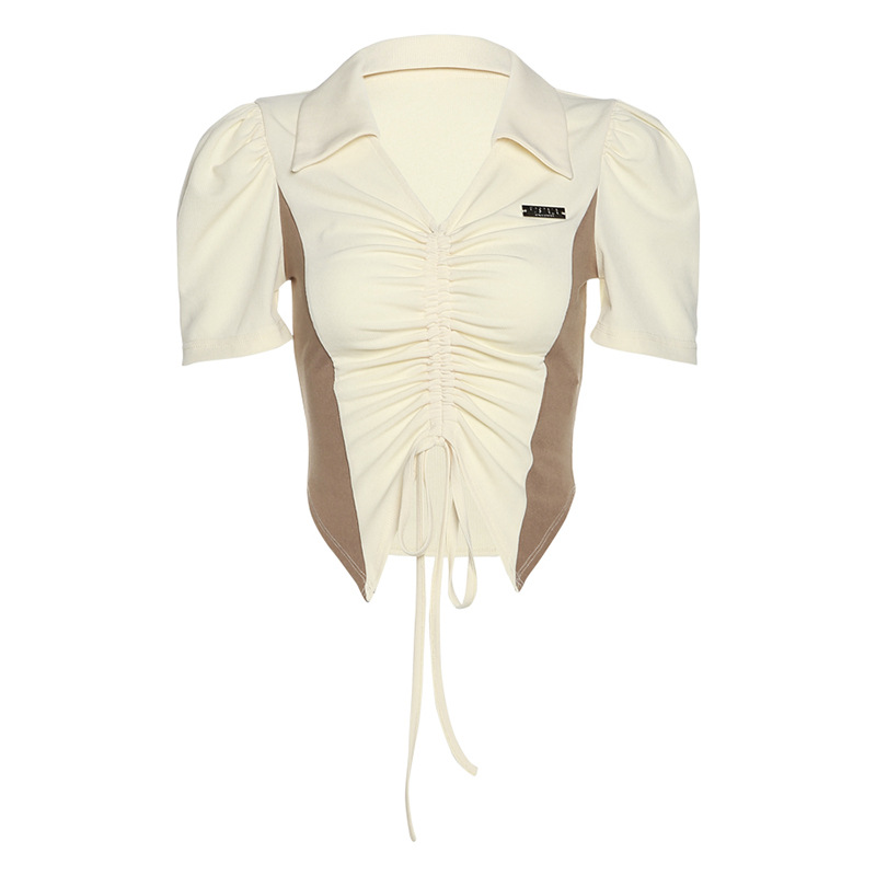 Estilo europeo y americano verano 2022 nuevo estilo mujer moda solapa colgante color slim crop ombligo plisado cordones manga corta camiseta mujer pic 16