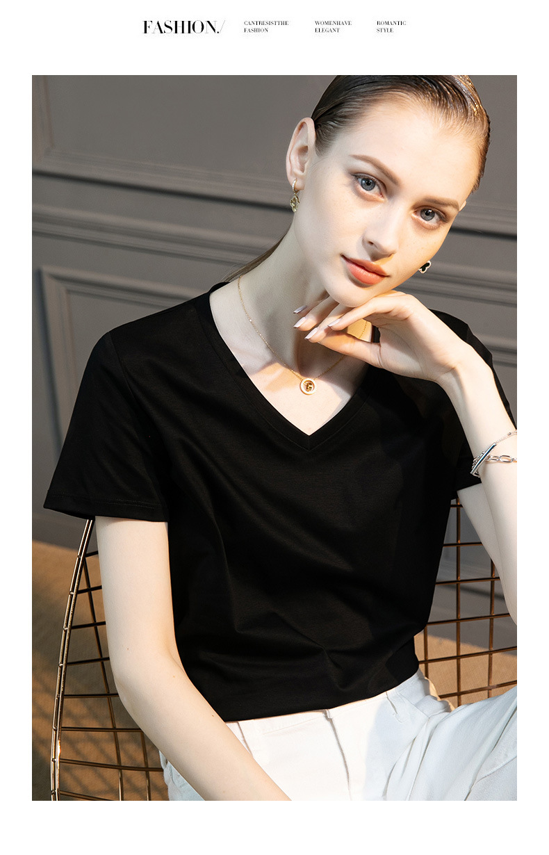 High-count 80-count double-sided mercerized cotton short-sleeved white T-shirt for women in summer, loose round-neck V-neck, versatile T-shirt, 1688 pic 37