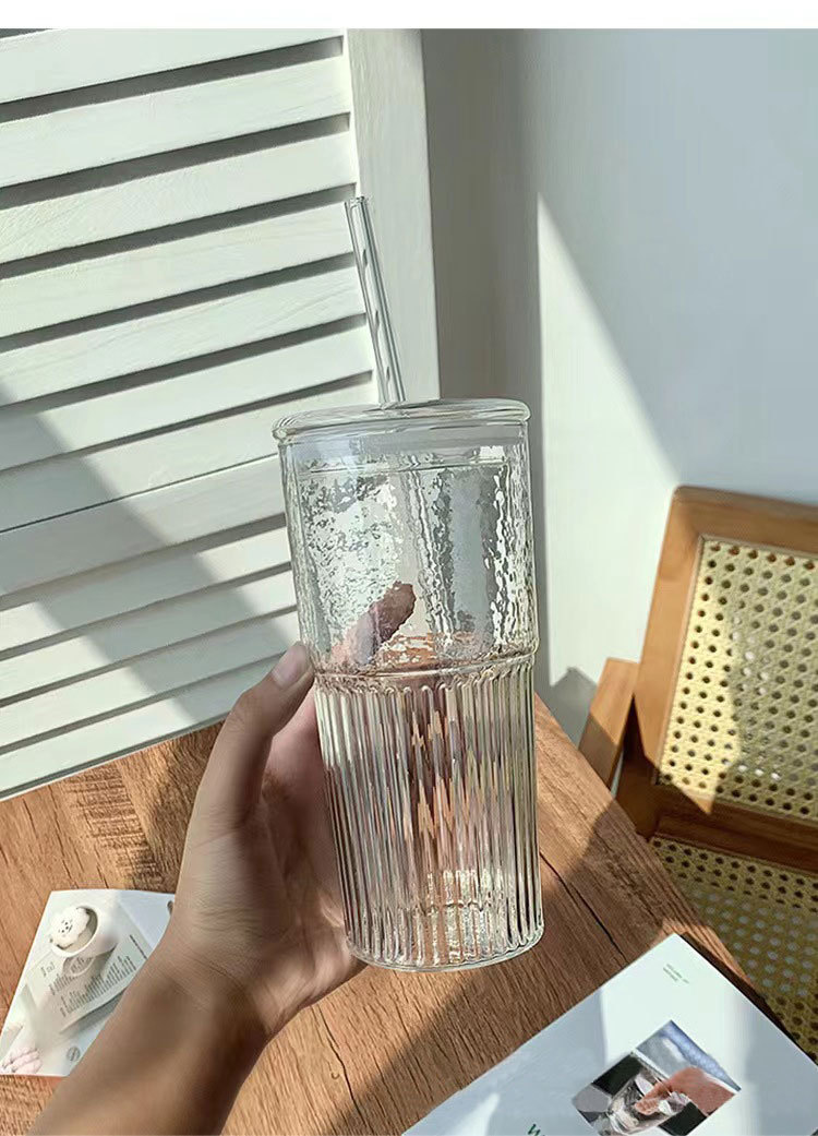 ins风竖条纹玻璃杯喝水杯子带盖高颜值家用牛奶杯夏季大容 量水杯详情9