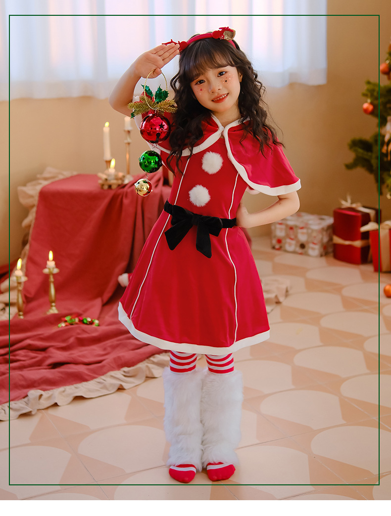 圣诞节儿童服装女童披肩斗篷连衣裙红色裙子派对装扮服饰圣诞老人详情17