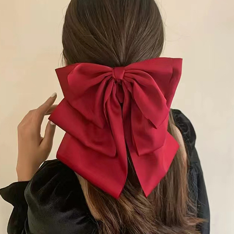 French-style black silk satin, extra-large bow ribbon hair clip, spring clip, back of the head, claw clip hair clip headwear pic 16