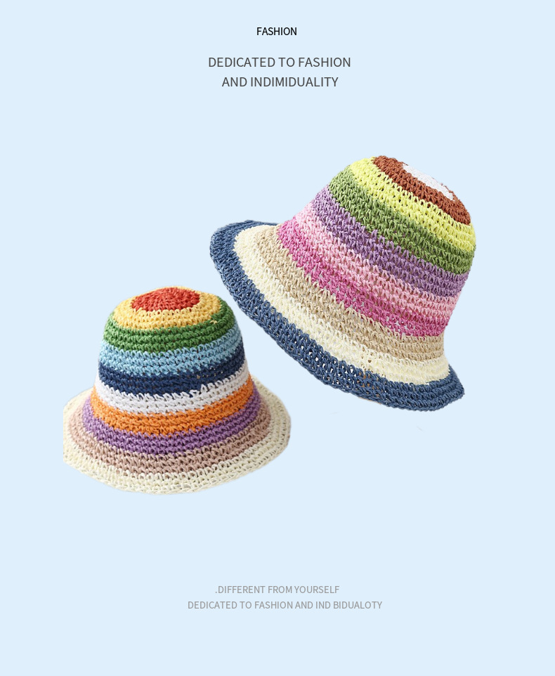 夏季韩国遮阳帽海边防晒帽子女小清新编织渔夫帽彩虹手工草帽详情7