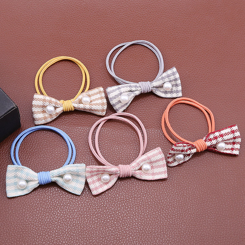 Korean-style pearl fabric checkered bow hair band leather band fresh leather band macaron fresh hair band head accessory pic 2