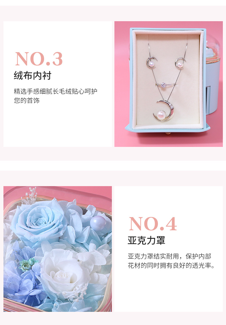 New round corner paint preserved flower gift box, rose real flower necklace, jewelry box, high-transparency acrylic rose pic 9