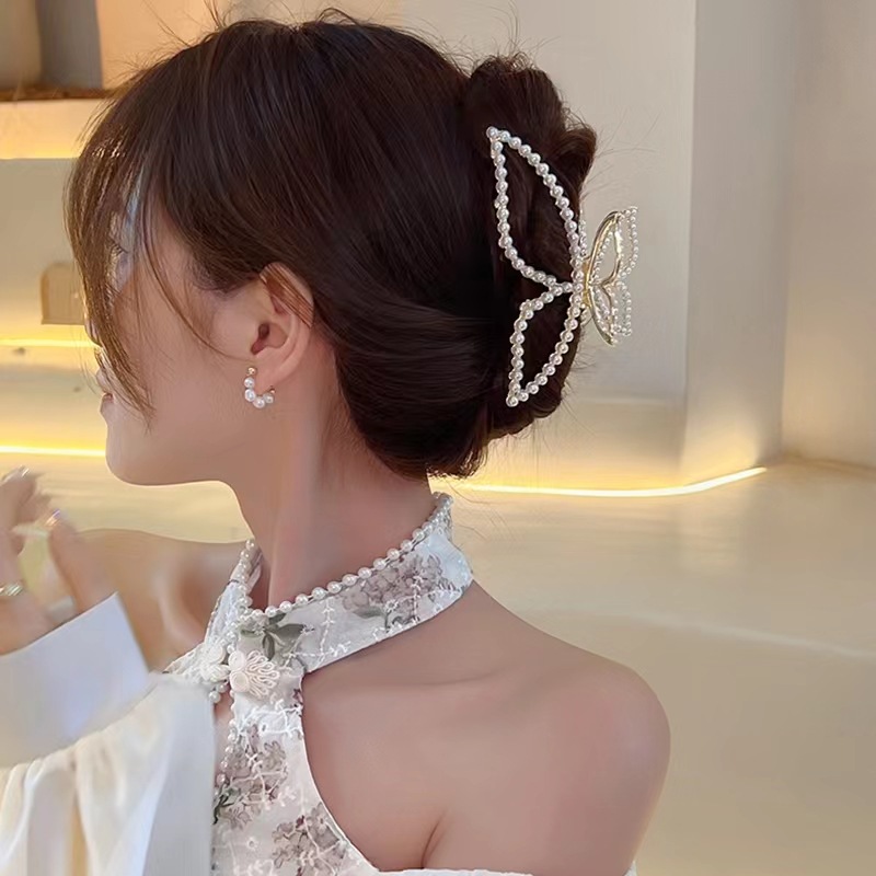 韩国新款珍珠蝴蝶盘发合金抓夹后脑勺大号鲨鱼发夹气质发夹头饰女详情2