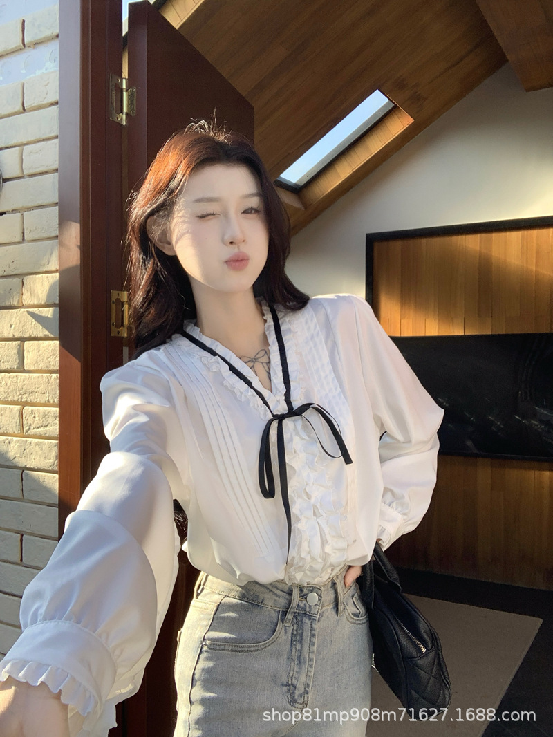 法式千金早春压褶小众气质名媛甜美系带蝴蝶结衬衫女长袖白衬衣女详情8