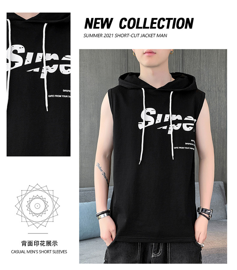 【一件代发】2023夏季新款男士连帽无袖背心韩版纯棉经典百搭坎肩详情11