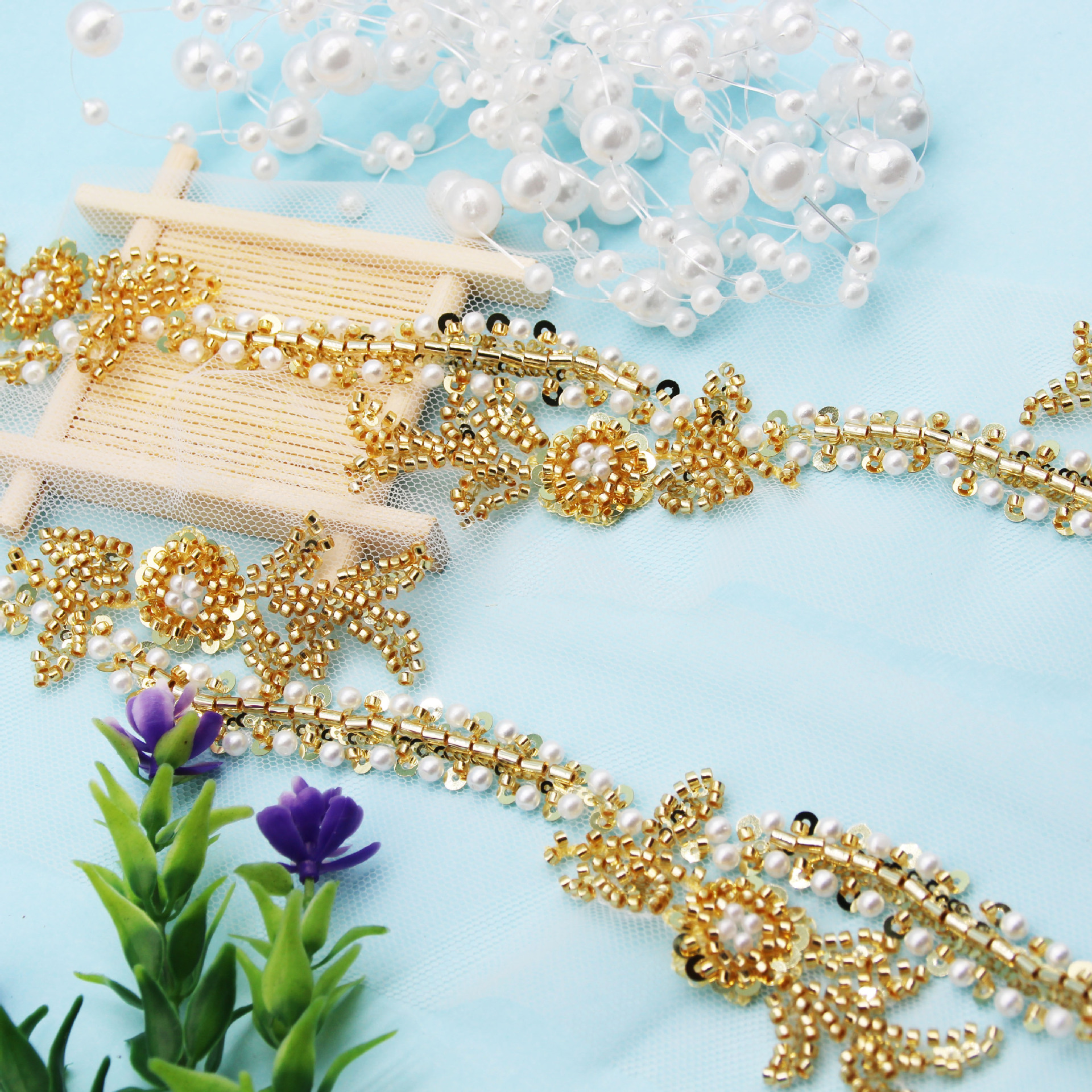 跨境热销手工钉珠花边DIY米珠头饰鞋帽包包珍珠重工蕾丝 服装辅料详情5