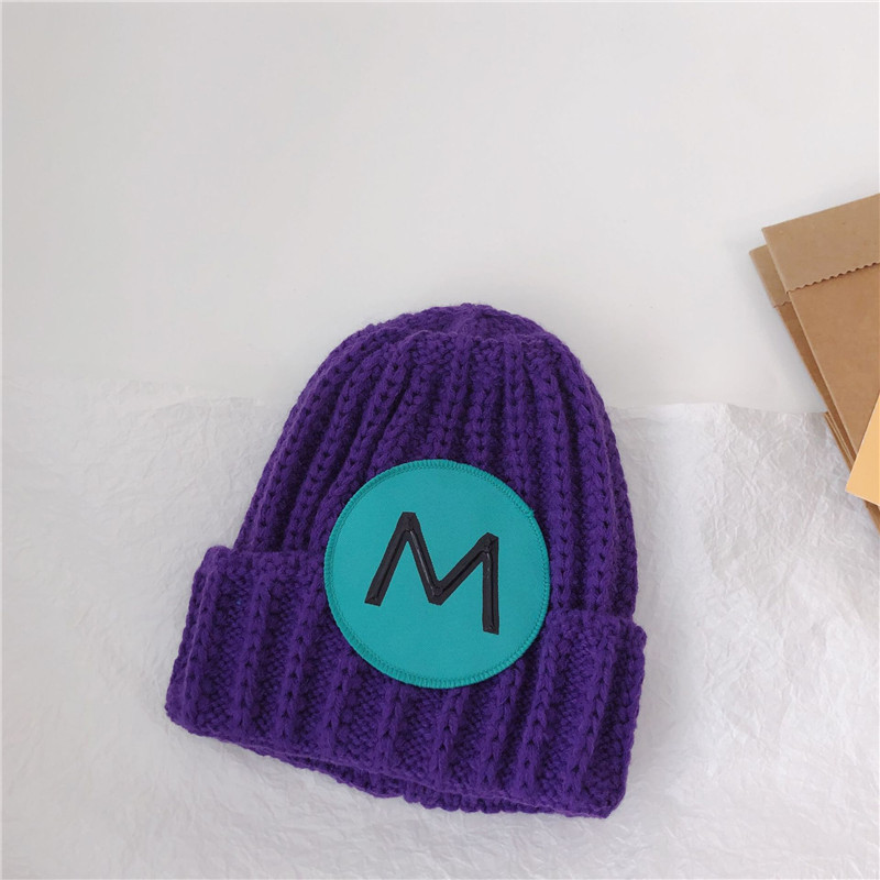 New versatile and in-stock autumn and winter tie-dyed patchwork letter monochrome warm knitted woolen caps for boys, girls, children and toddlers pic 7