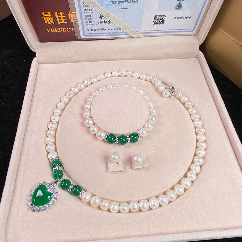 天然淡水珍珠项链绿玉髓吊坠白珍珠手链套装送妈妈婆婆母亲节批发详情28