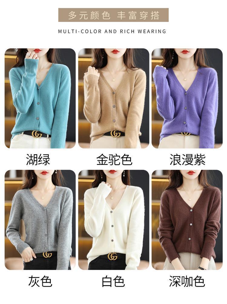 New Spring and autumn knitted cardigan for women, V-neck loose short solid color long-sleeved versatile sweater coat made of wool blend pic 31