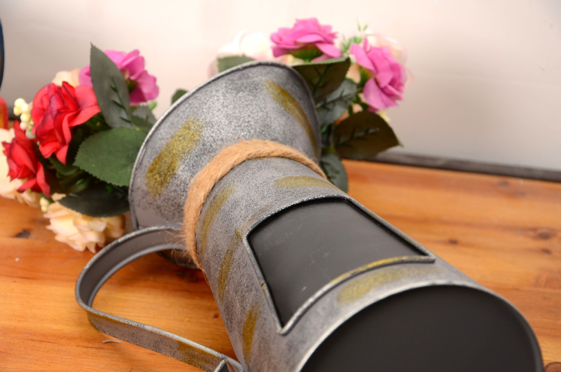 厂家批发美式田园风格带小黑板咖啡壶式插干花客厅餐桌花盆装饰详情28