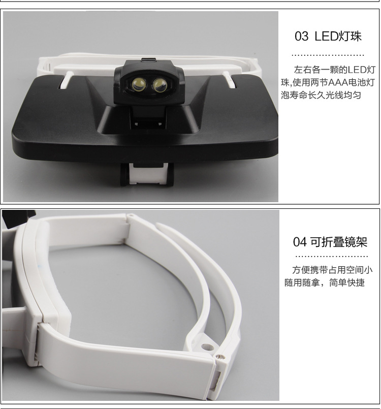 LED light 9203, head-mounted glasses, high-definition acrylic multi-magnification lenses, reading, electronic repair, magnifying glass pic 4