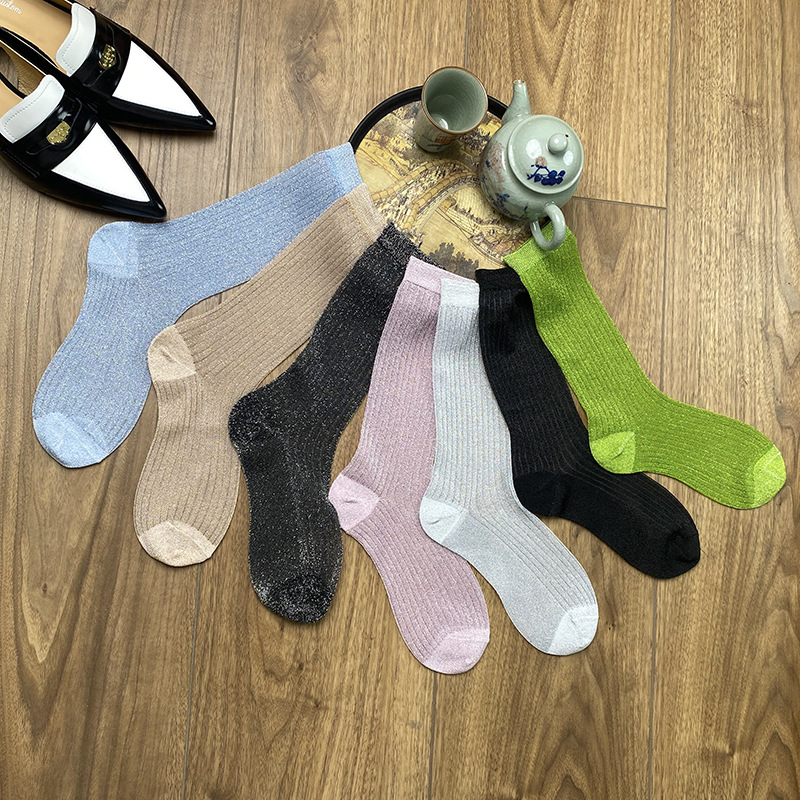 新春夏秋季韩国东大门亮银丝洋气丝袜中筒条纹长袜堆堆袜INS潮袜详情10