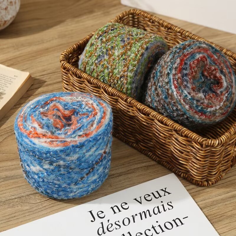 Oil painting terraced gradient mohair segments dyed wool, hand-knitted diy crochet scarf, irregular thick wool balls pic 1